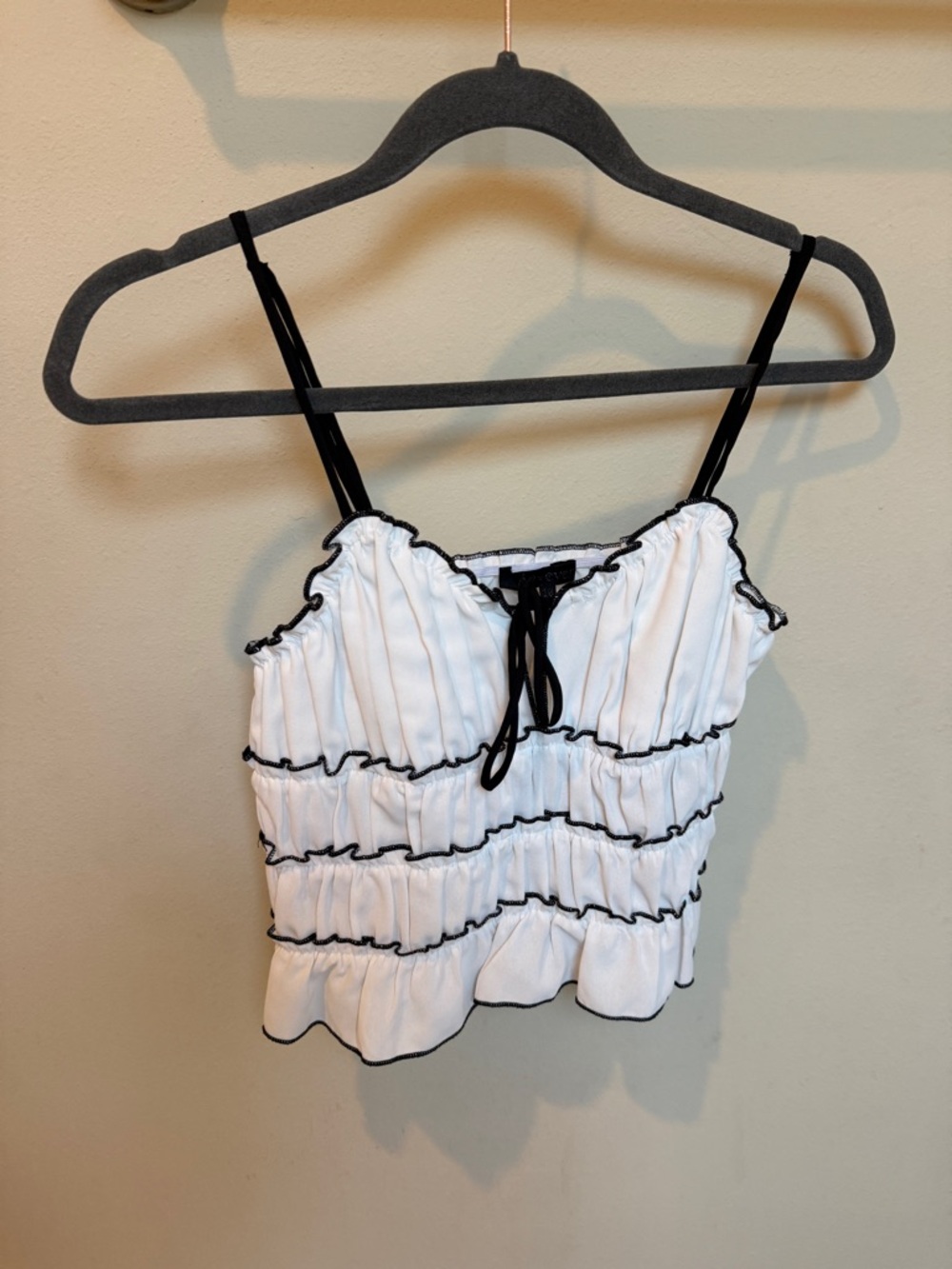 White Ruffled Cropped Cami with Black Trim and Tie